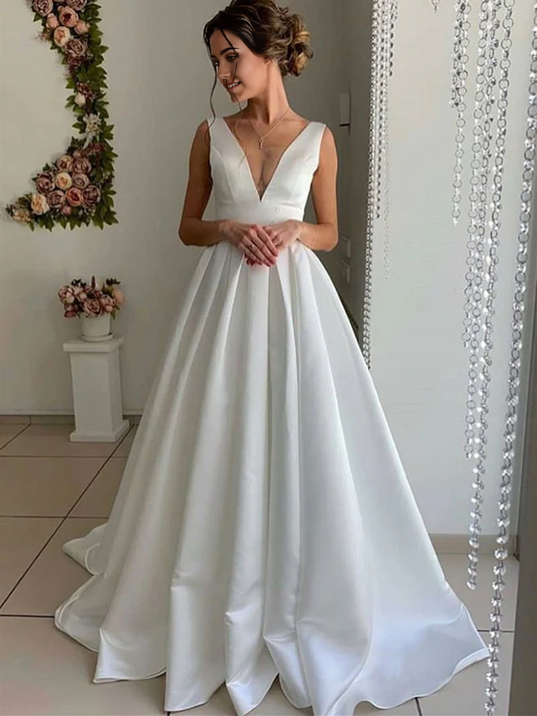 White A-line V-neck satin long formal dress.