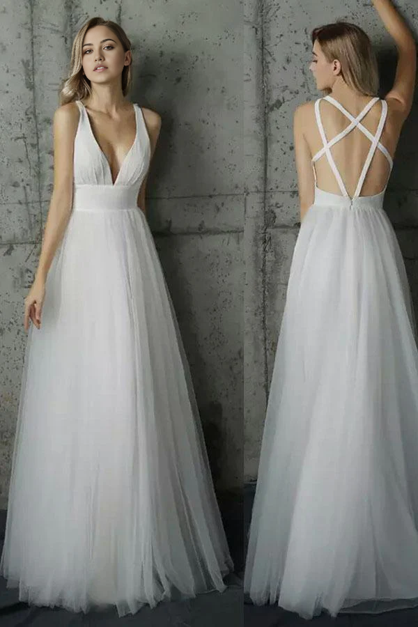 Elegant A-line V-neck white tulle long gown.