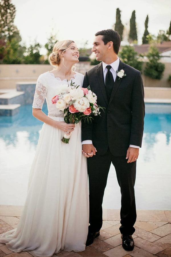 Back view of the chiffon wedding dress, showcasing the open back design.