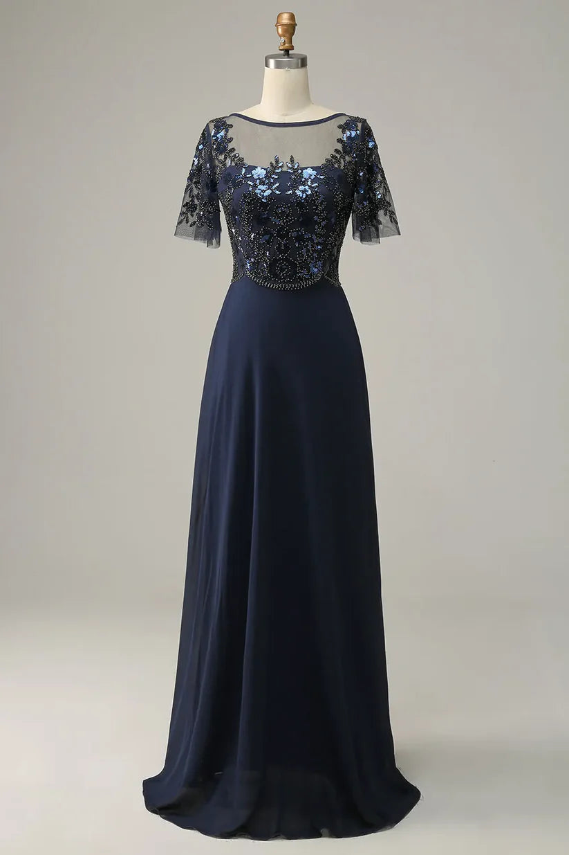 Woman wearing an elegant A-line V-neck sequin mother of the bride dress, front view.