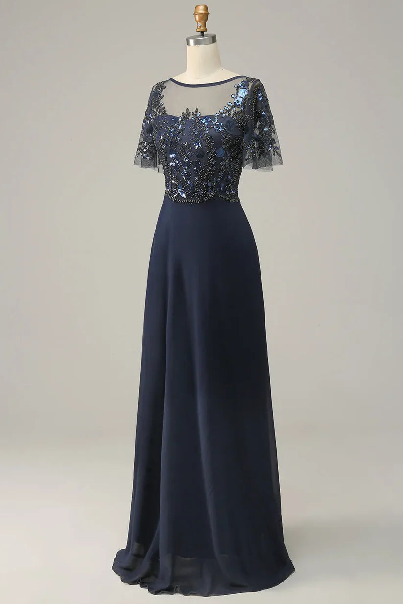 Back view of the elegant V-neck A-line sequin dress with intricate appliques.