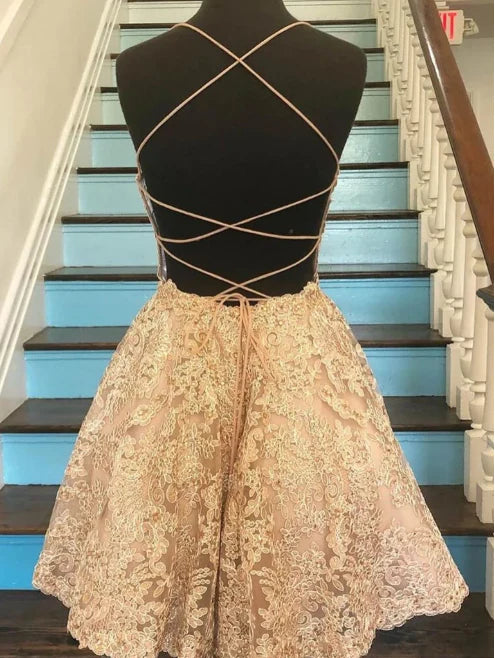 Model showcasing an A-line V-neck backless lace short formal dress.