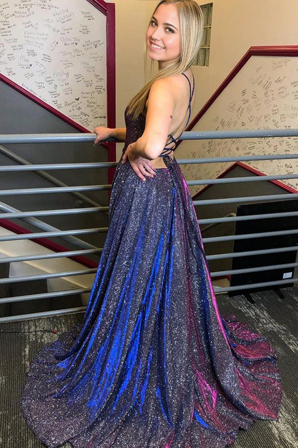 Back view of the A-line V-neck backless navy blue long formal prom dress.