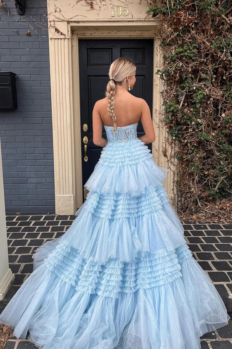 Full view of a graceful A-line V-neck ball gown.