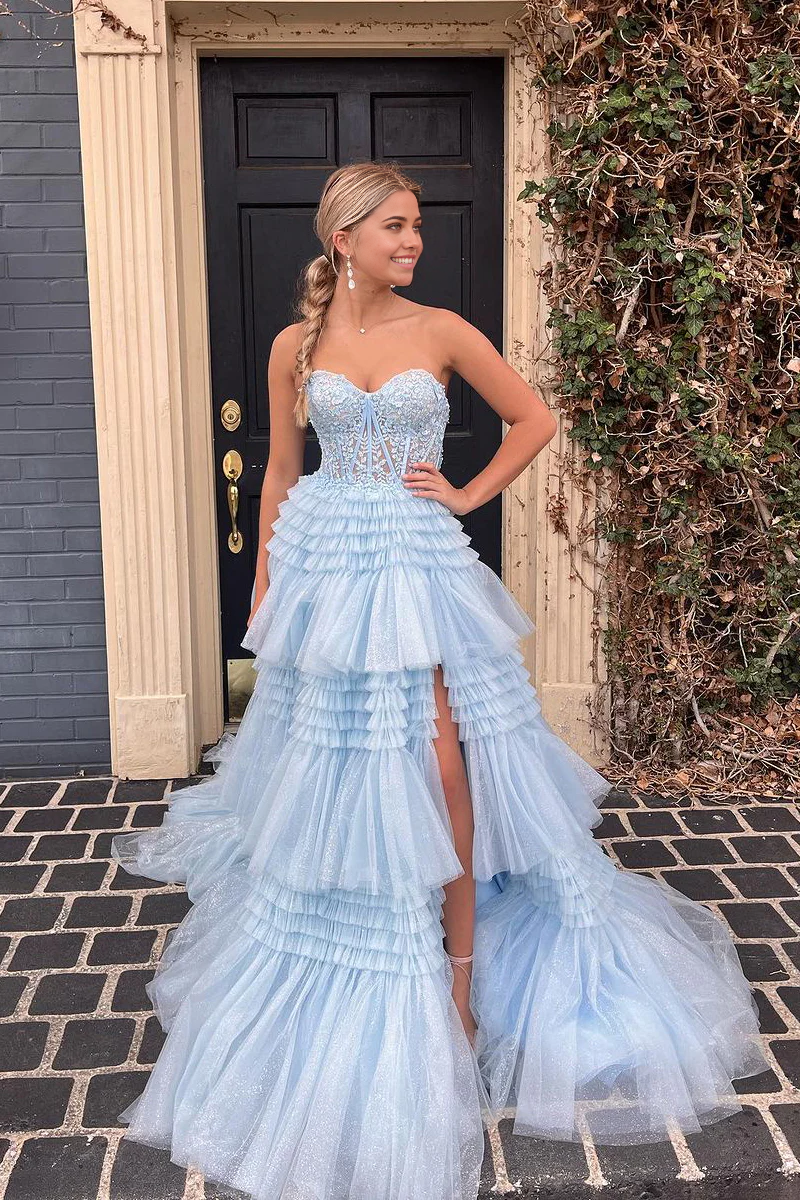 A-line V-neck long prom dress with flowing skirt.