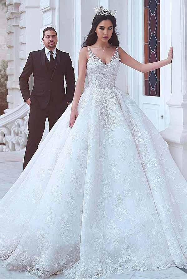 Elegant A-line V-neck wedding dress with delicate lace appliques.