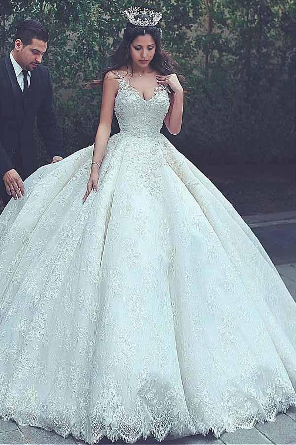 Back view of A-line V-neck wedding gown featuring lace details.