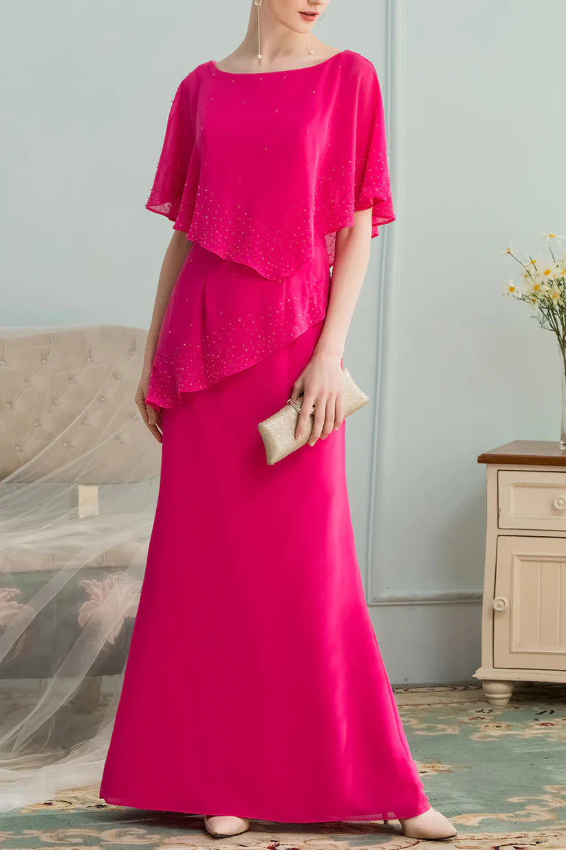 Woman wearing an elegant A-line V-neck long chiffon dress with delicate beading.