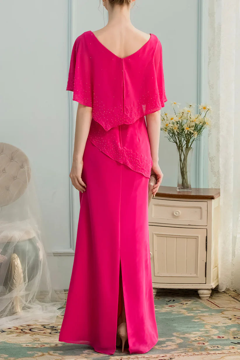 Back view of a woman in a graceful A-line chiffon dress with V-neck and beading.
