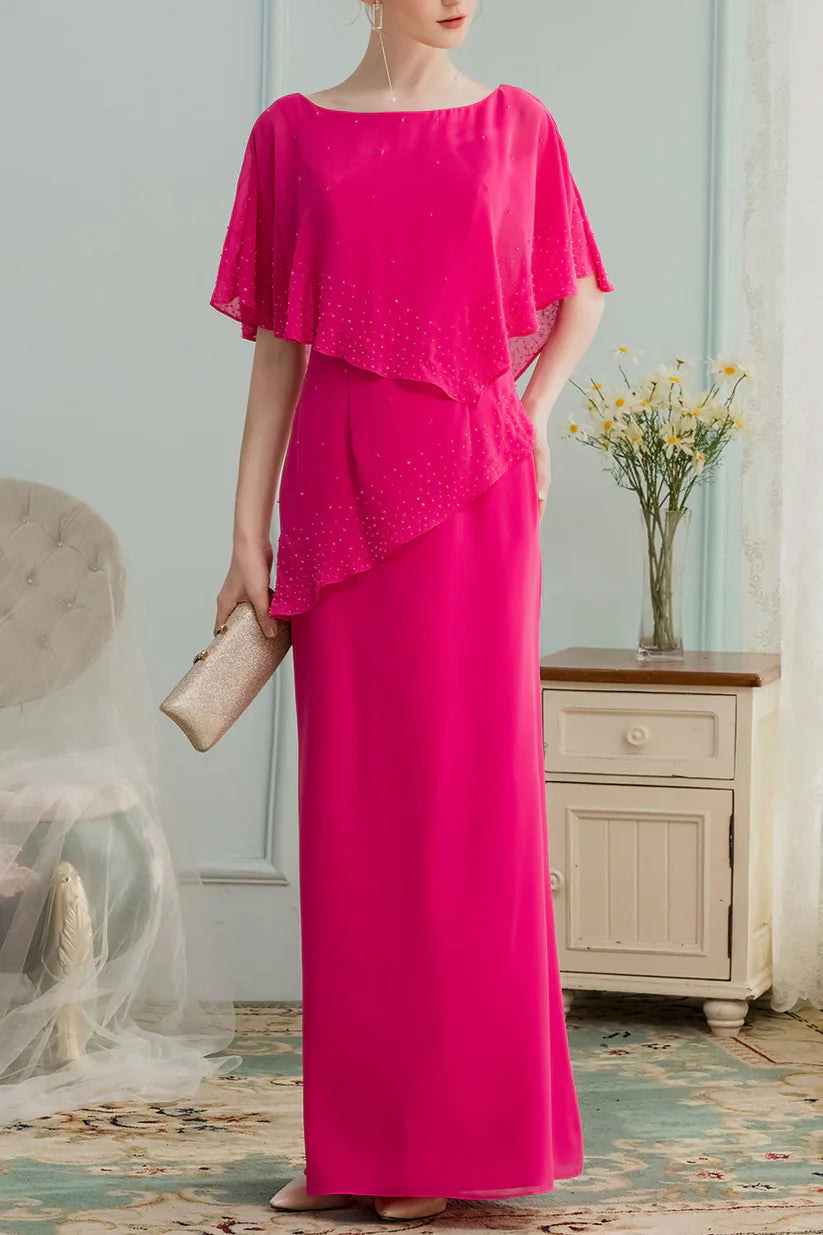 Close-up of the beaded V-neckline and bodice of the A-line chiffon dress.