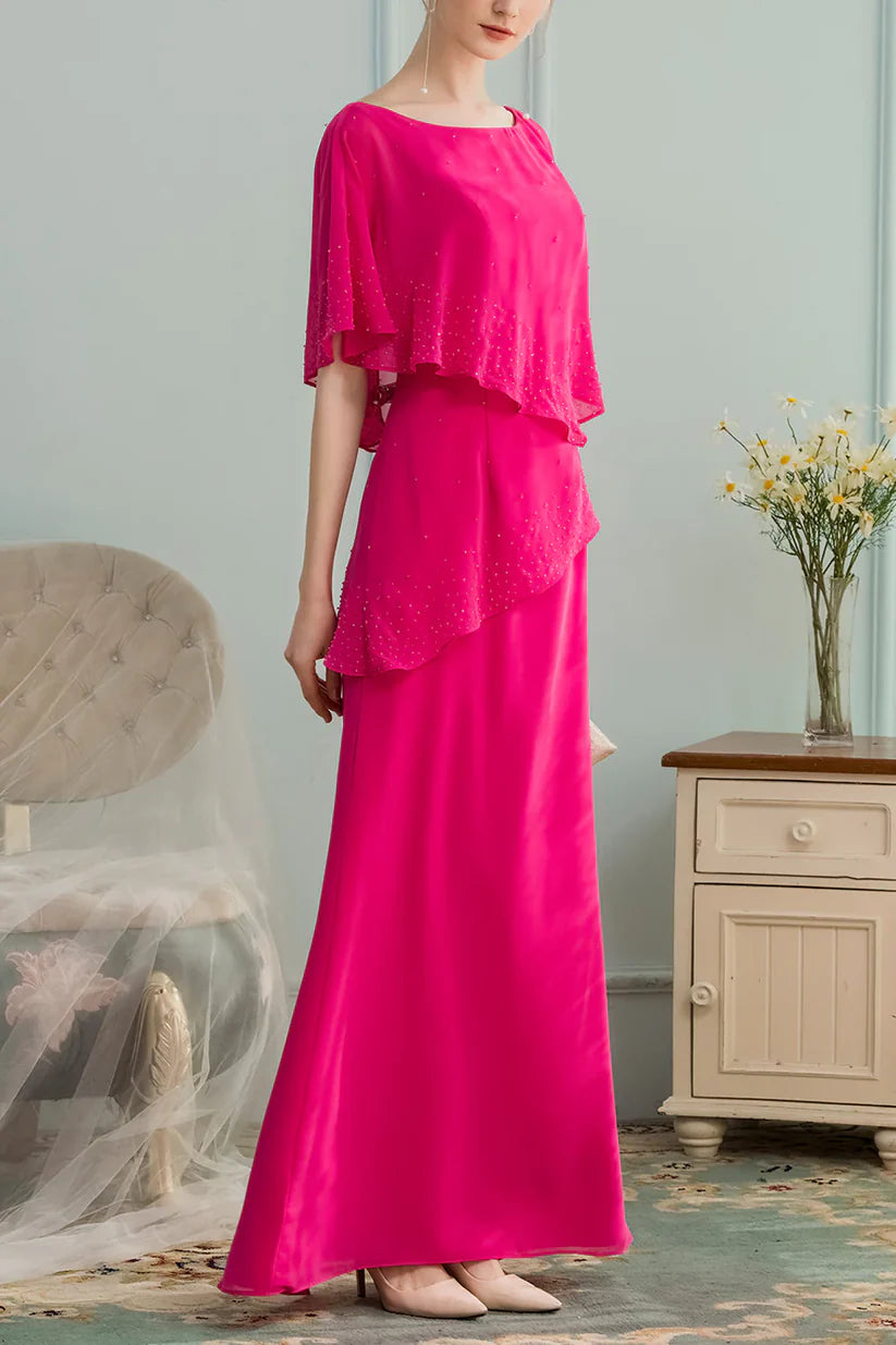 Side profile of a woman showcasing the flowing A-line skirt of the chiffon dress.