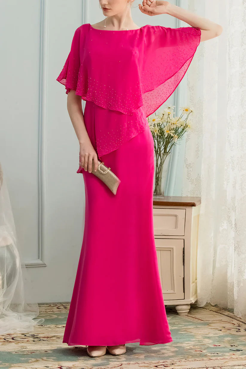 Full length view of the A-line V-neck long chiffon dress with intricate beading.