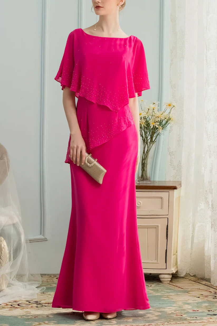 Detailed view of the chiffon fabric and beading on the A-line dress.