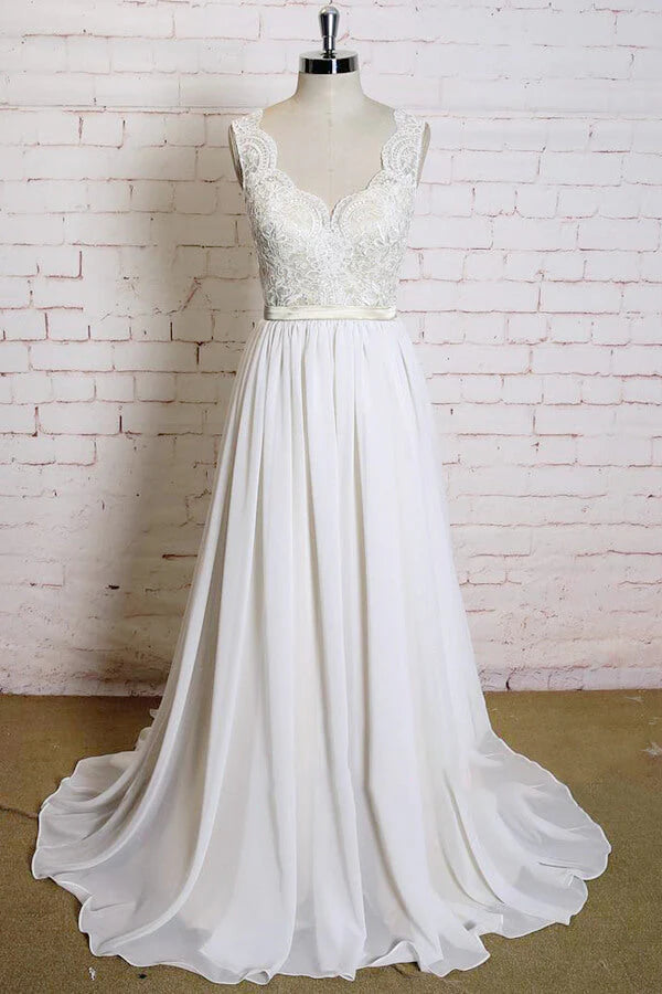 Elegant A-line V-neck lace chiffon wedding dress.