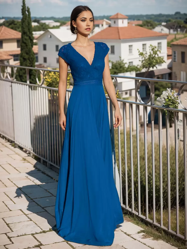 Elegant A-line V-neck lace formal gown.