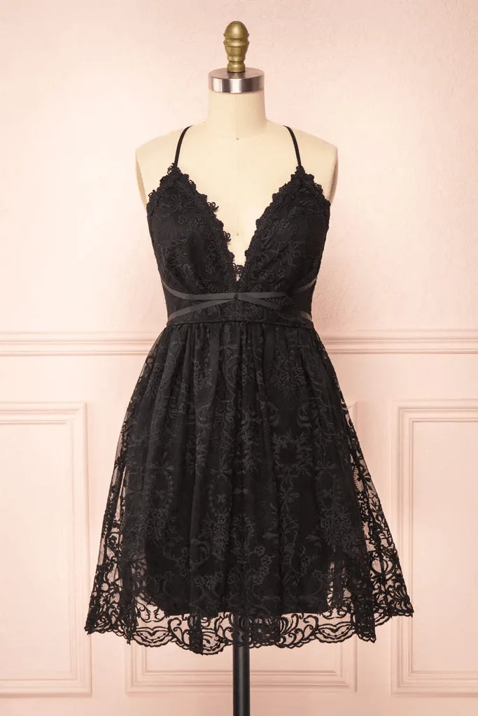 Black A-line short lace homecoming dress with delicate lace straps.