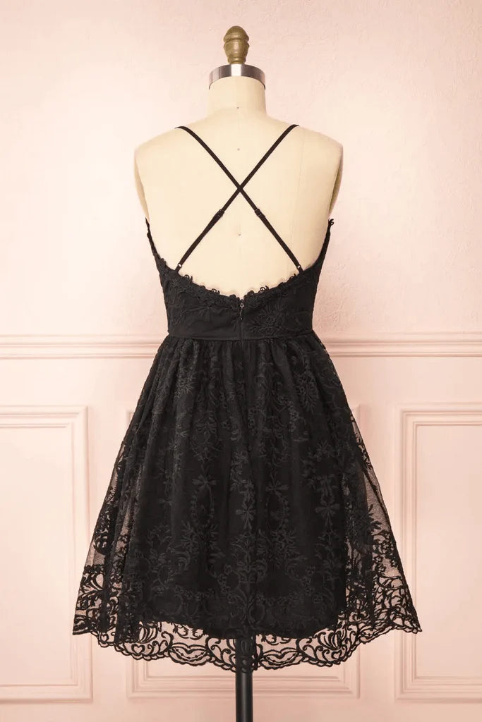 Back view of a black A-line short lace dress with V-neck and straps.