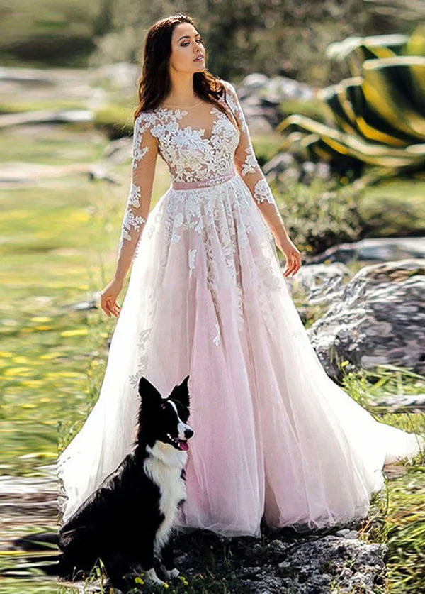Elegant A-line wedding dress with long lace sleeves, V-neck, and a delicate belt.