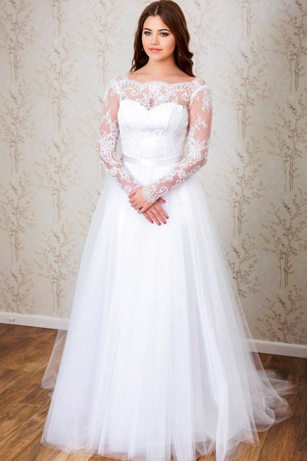 Elegant A-line white lace wedding dress with long sleeves and V-neck.