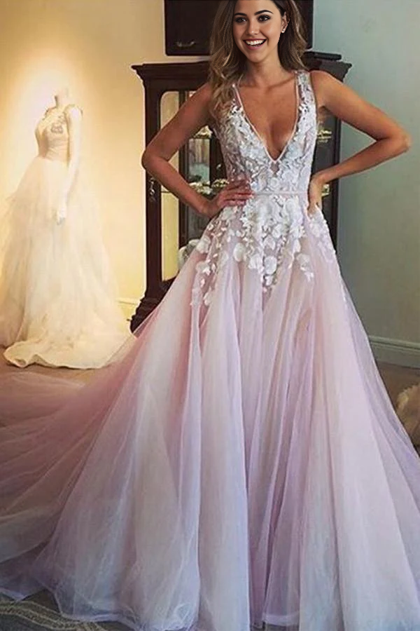 Elegant A-line V-neck long wedding dress with appliques.