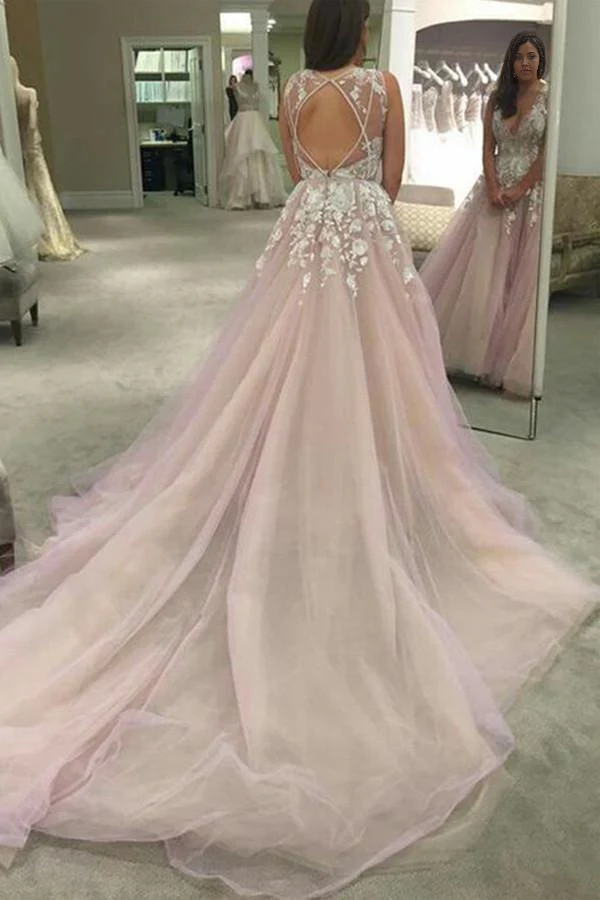 Back view of the A-line V-neck long prom dress with appliques.