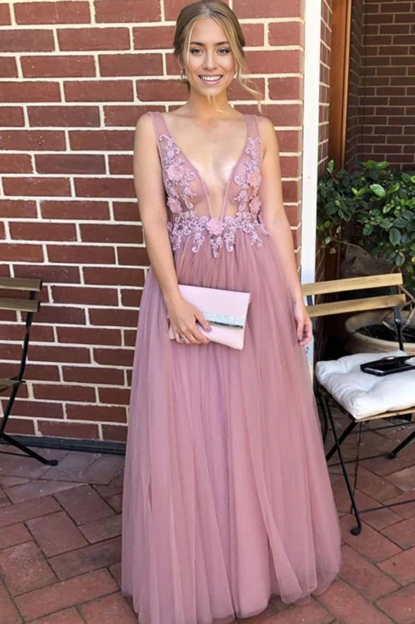Elegant A-line V-neck prom dress with floral lace and open back.