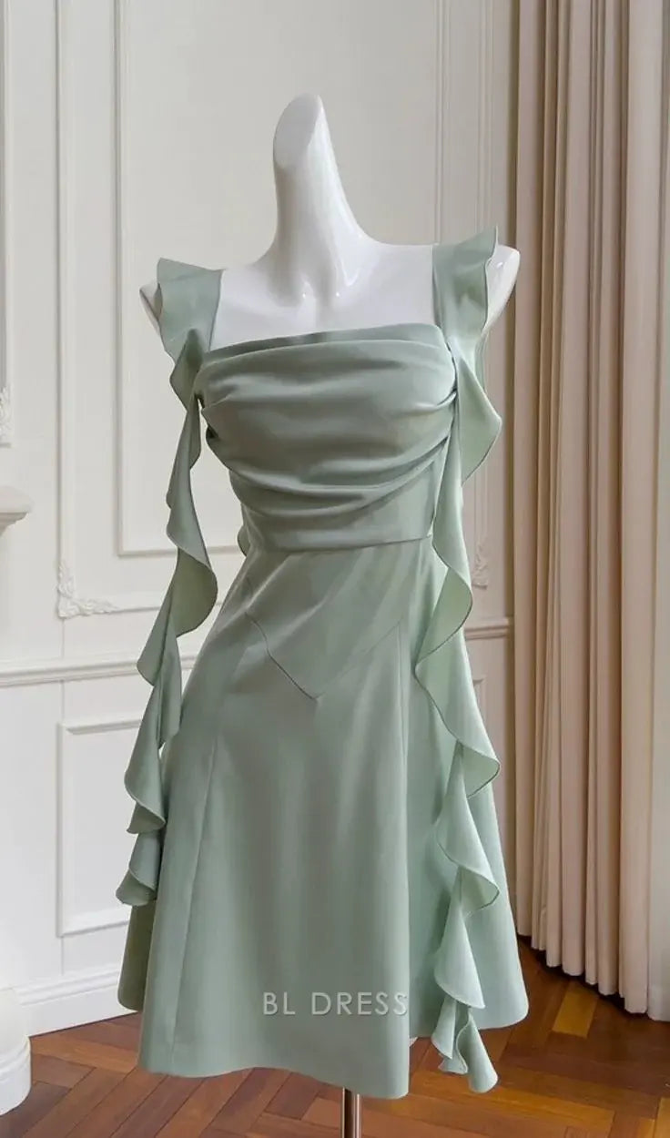 Sage green A-line dress with ruffles, V-neck, and short length, suitable for homecoming or prom.