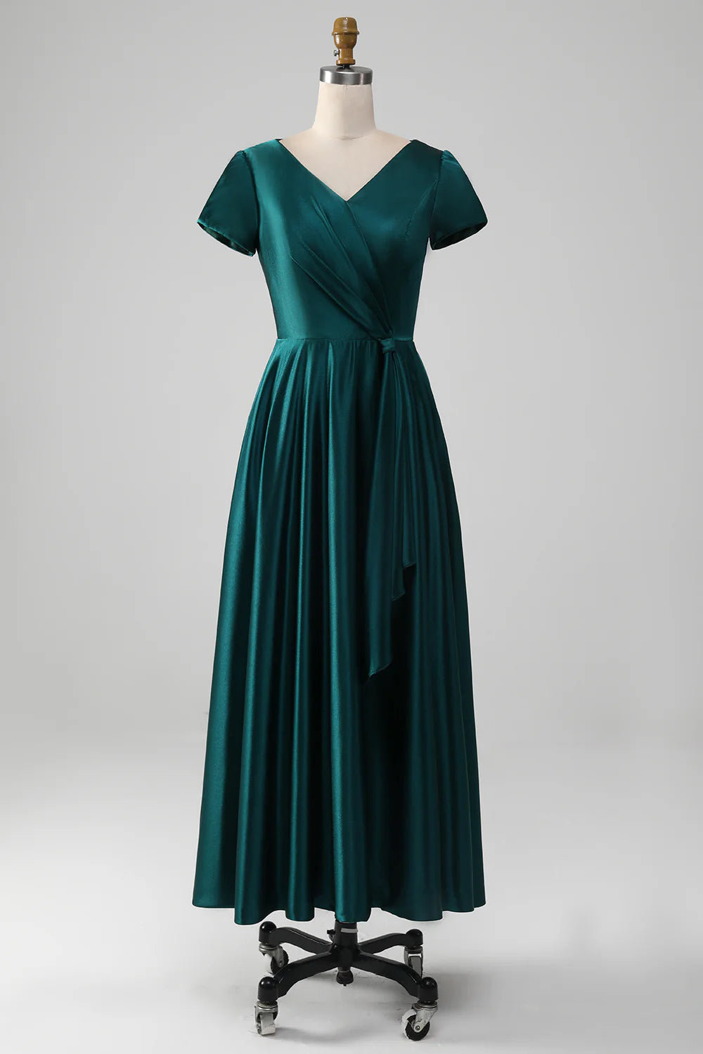 Elegant A-line V-neck satin Mother of the Bride dress.
