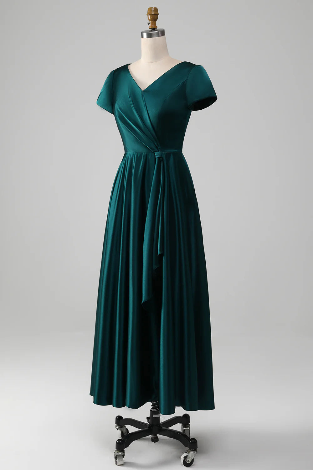 Side view of the A-line V-neck satin Mother of the Bride dress.