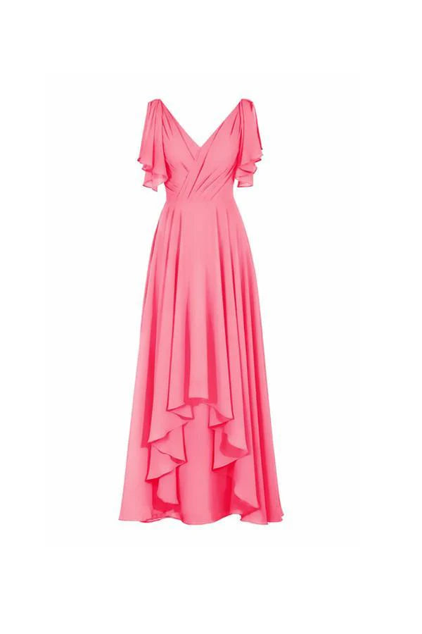 Woman wearing an elegant A-line V-neck short sleeve chiffon floor length bridesmaid dress.
