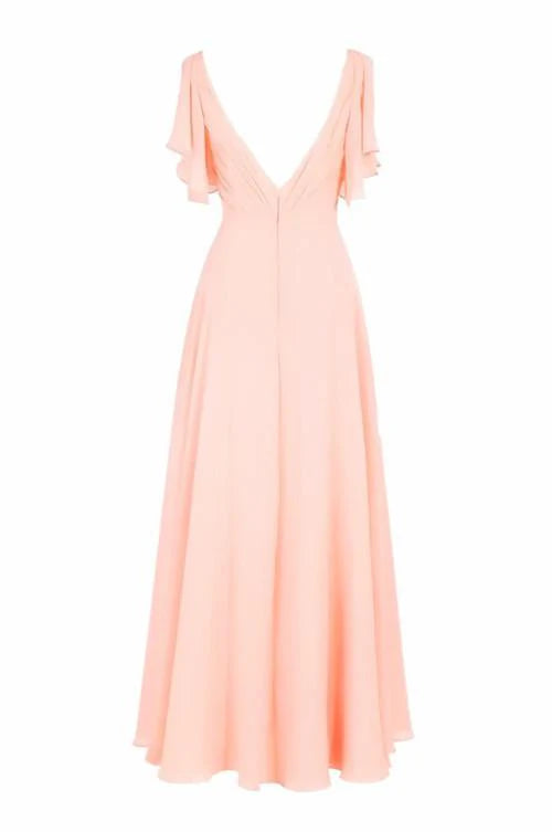 Back view of an A-line V-neck short sleeve chiffon floor length dress.