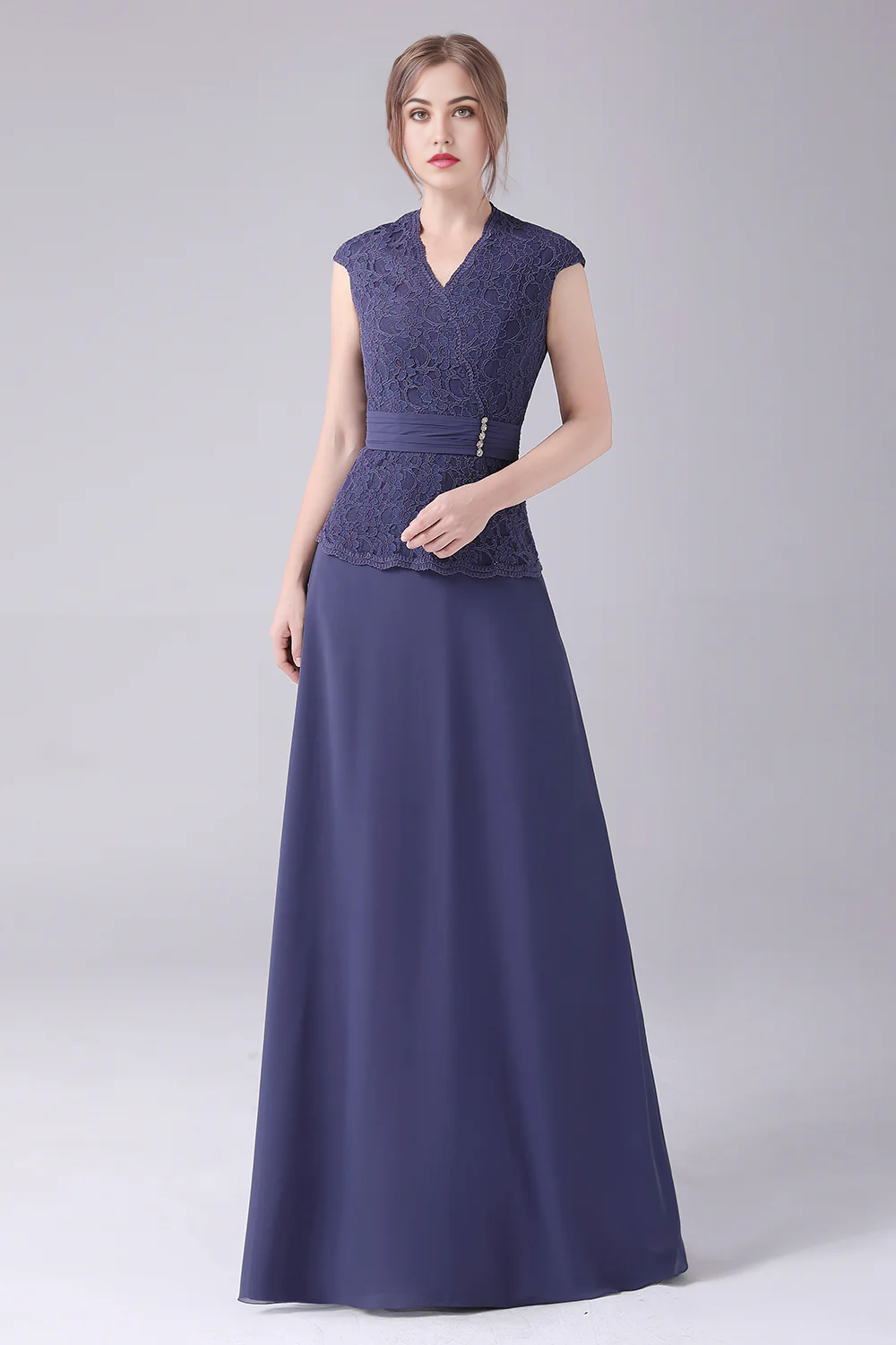 Elegant A-line V-neck short sleeve floor length Mother of the Bride dress on a model.