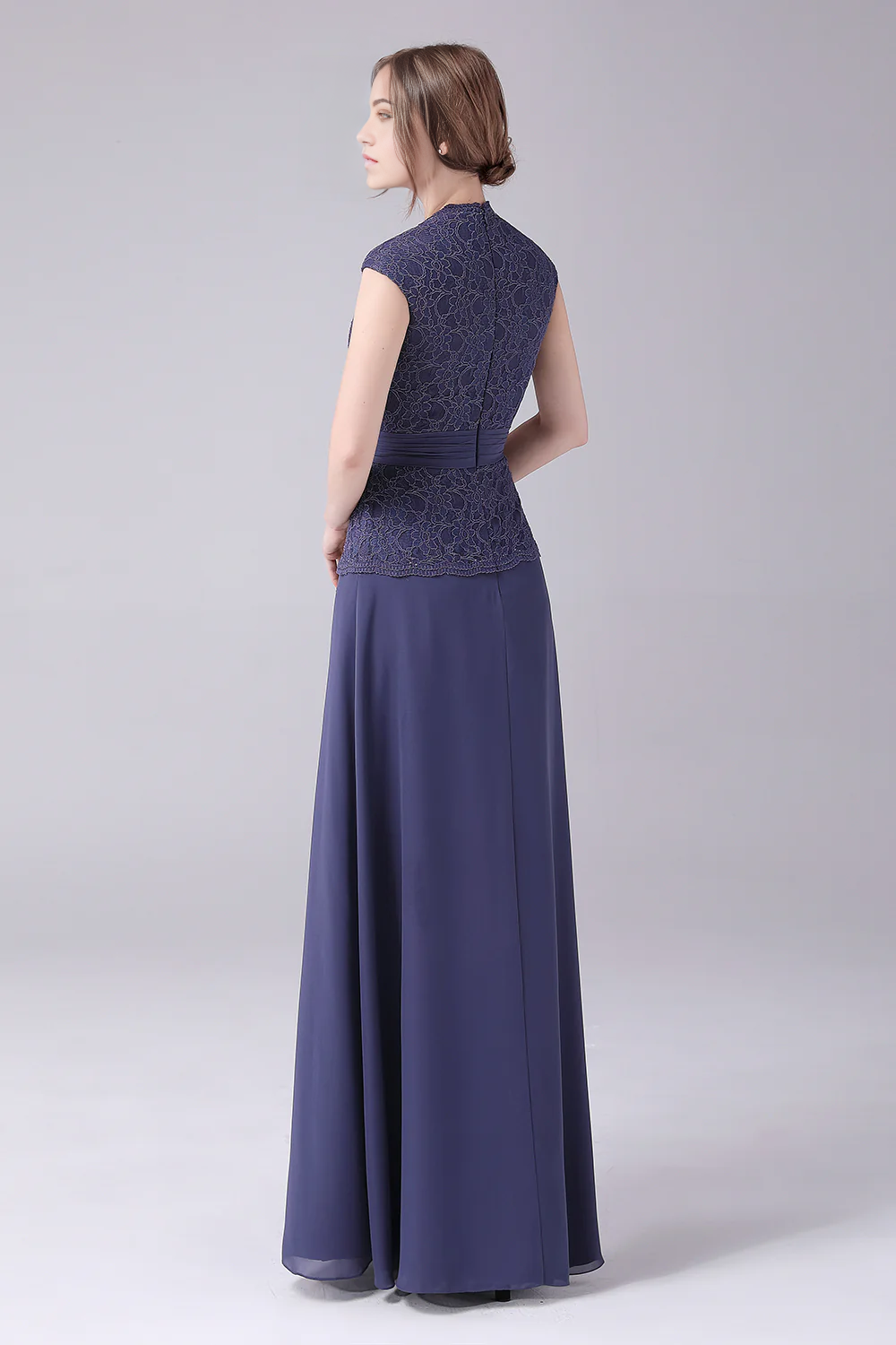 Side view of the A-line V-neck short sleeve Mother of the Bride dress.