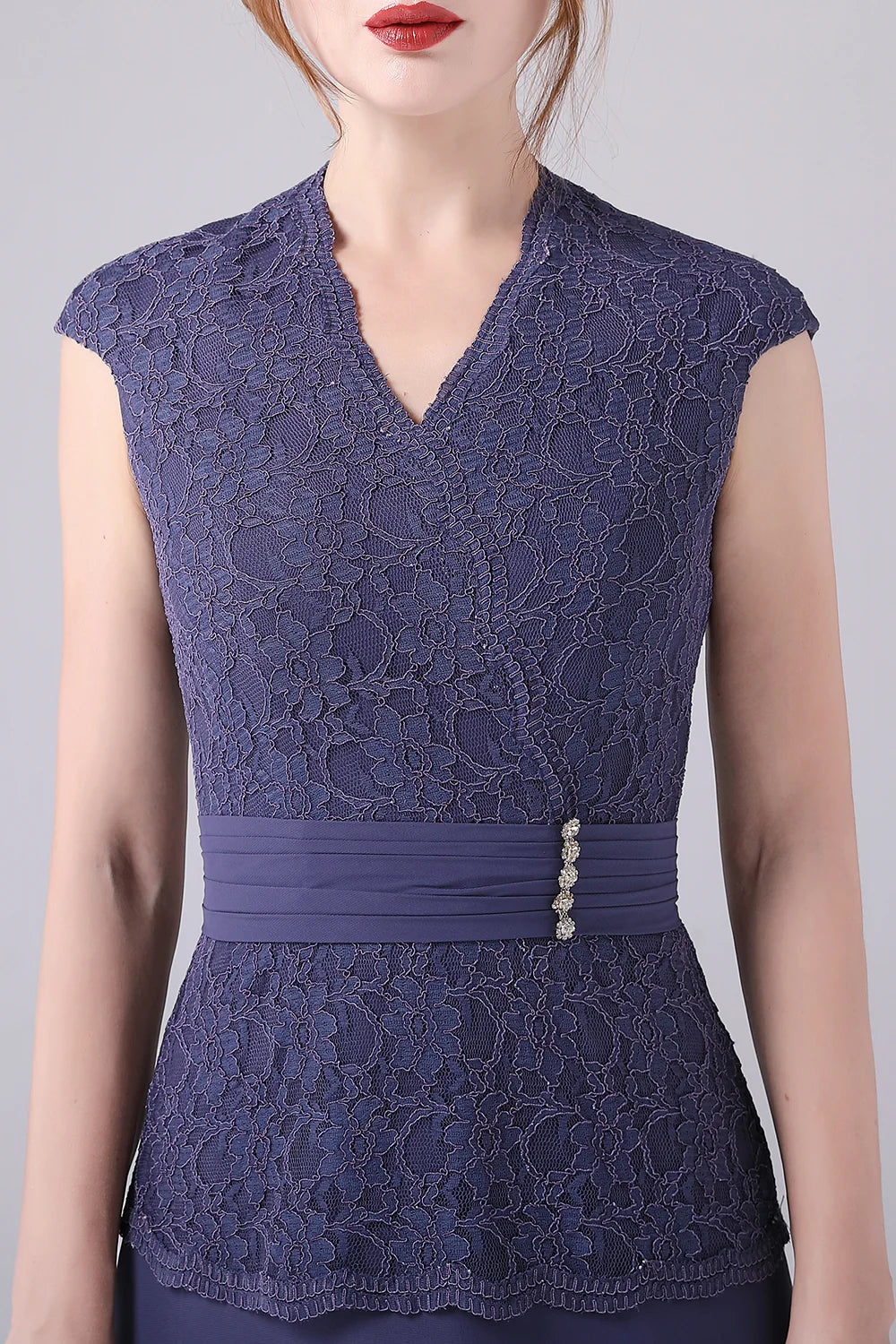 Model showcasing the graceful drape of the A-line Mother of the Bride dress.