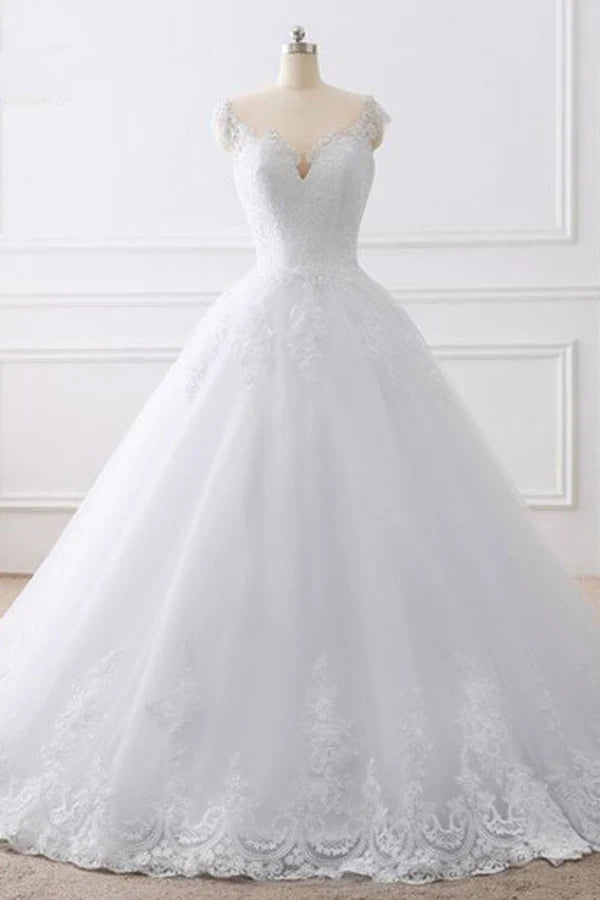 Elegant A-line V-neck lace wedding dress with sleeves.