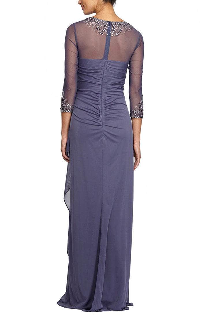 Back view of a floor-length A-line prom dress, showcasing delicate pleats.