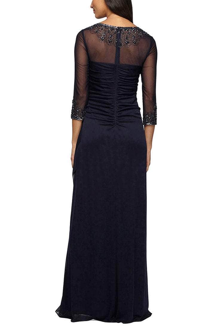 Side view of a woman wearing a classic A-line prom dress with a flowing skirt.