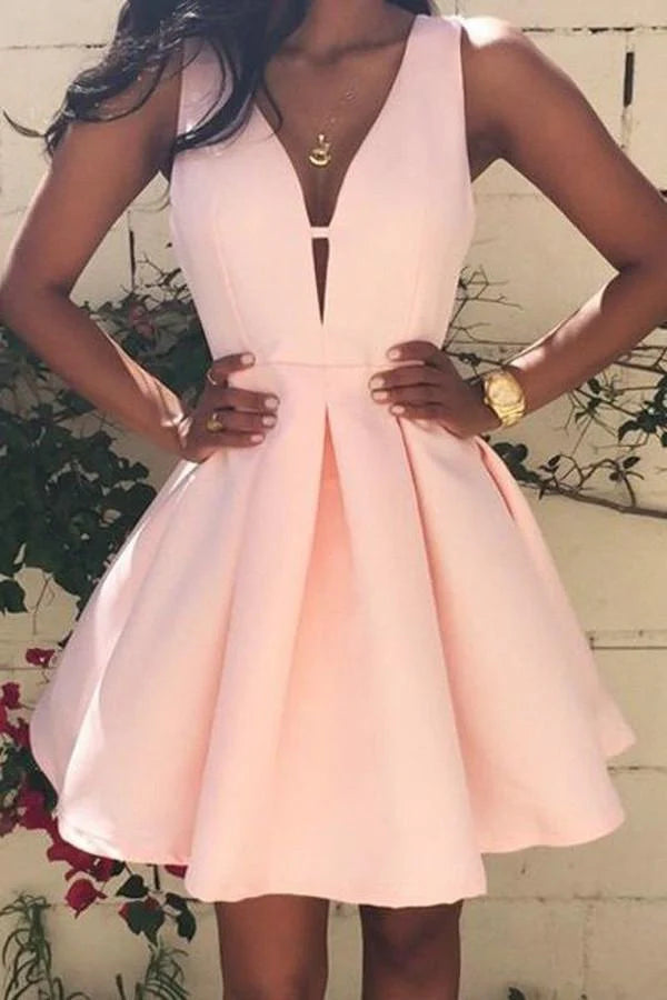 Elegant A-line V-neck short satin homecoming dress in blush pink.