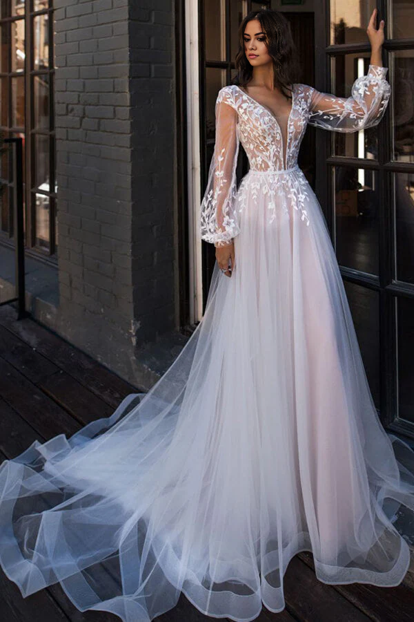 Elegant A-line V-neck wedding dress with long sleeves and chapel train.