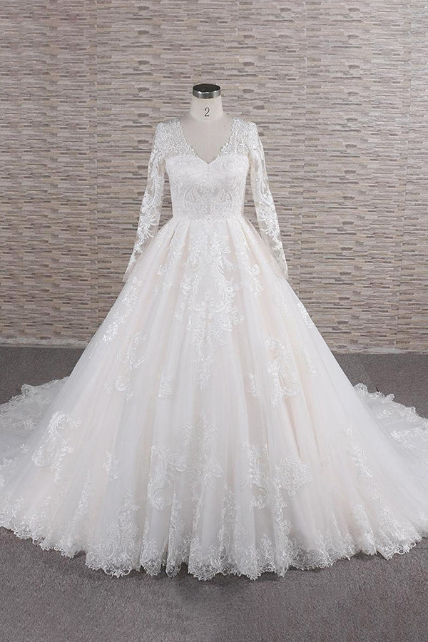 Elegant A-line V-neck wedding dress with long lace sleeves.