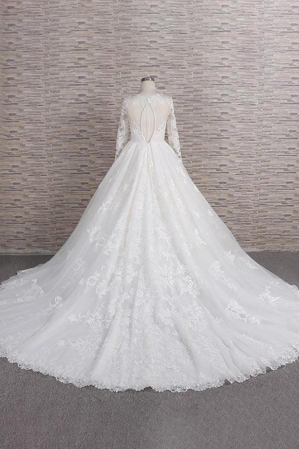 Back view of A-line tulle wedding gown with intricate appliques.