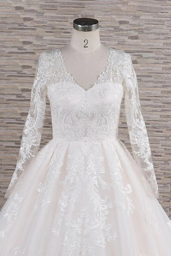 Bride wearing a long A-line V-neck wedding dress with sleeves.