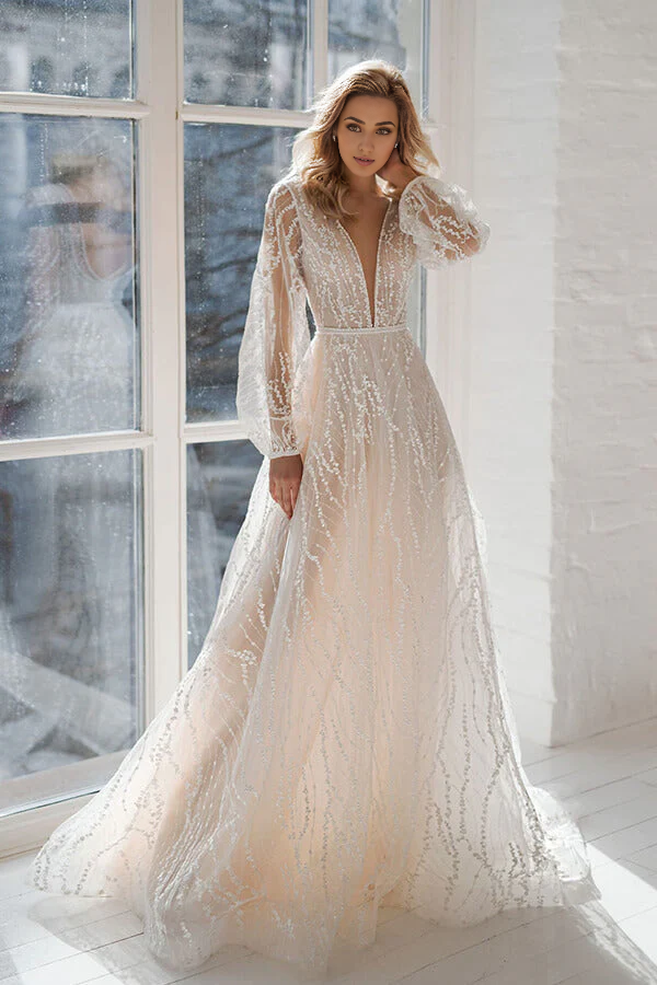 Elegant A-line V-neck wedding dress with long sleeves and court train.