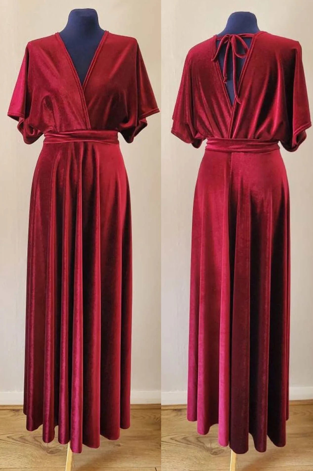 Elegant burgundy velvet A-line V-neck formal dress.