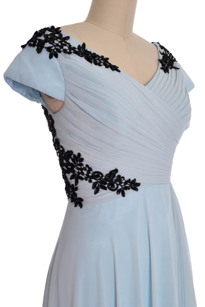 Elegant Mother of the Bride A-line gown with V-neck and cap sleeves.