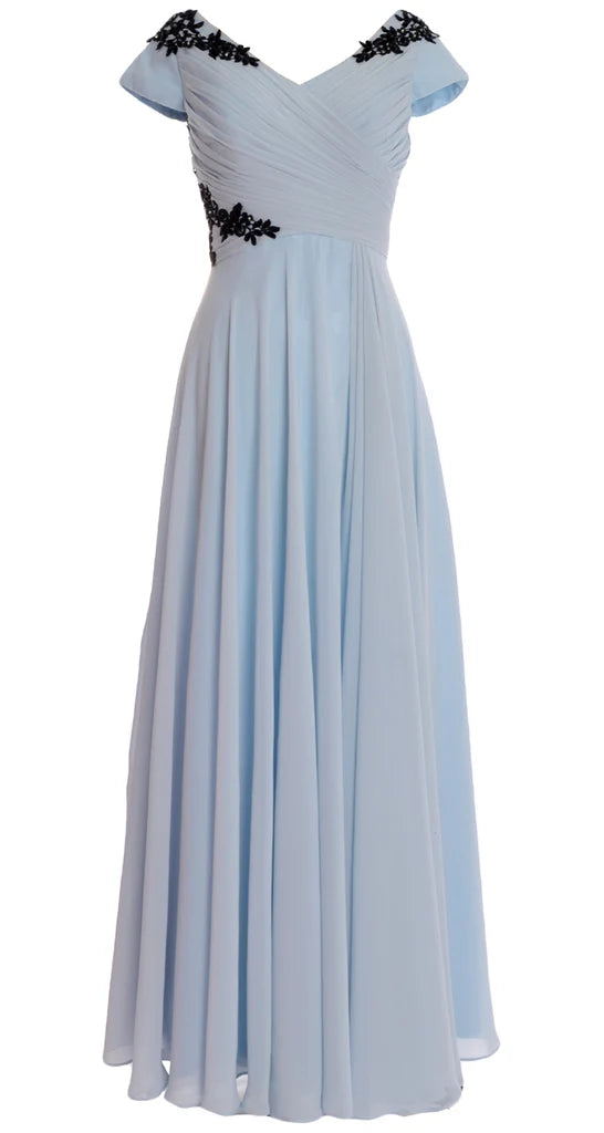 Back view of a formal applique maxi dress for weddings.