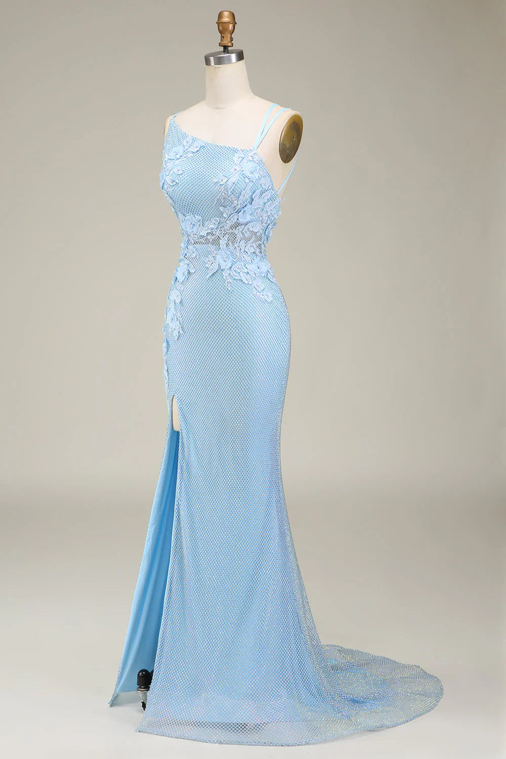 Back view of the light blue mermaid formal dress.