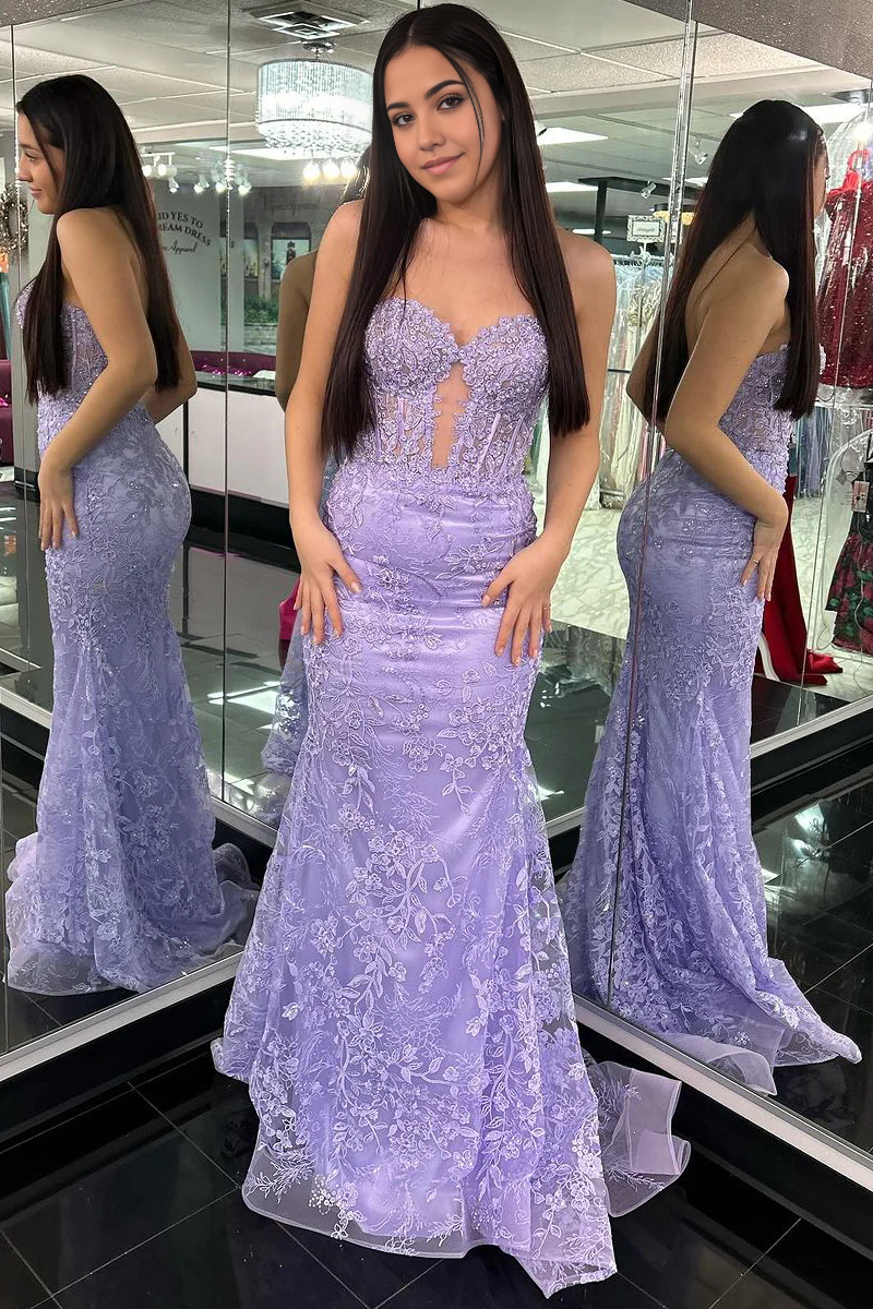 Elegant light purple mermaid prom gown with sweetheart neckline and appliques.