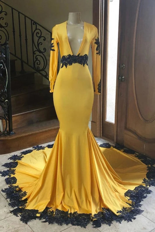 Elegant mermaid prom dress with appliques, V-neck, and long sleeves.
