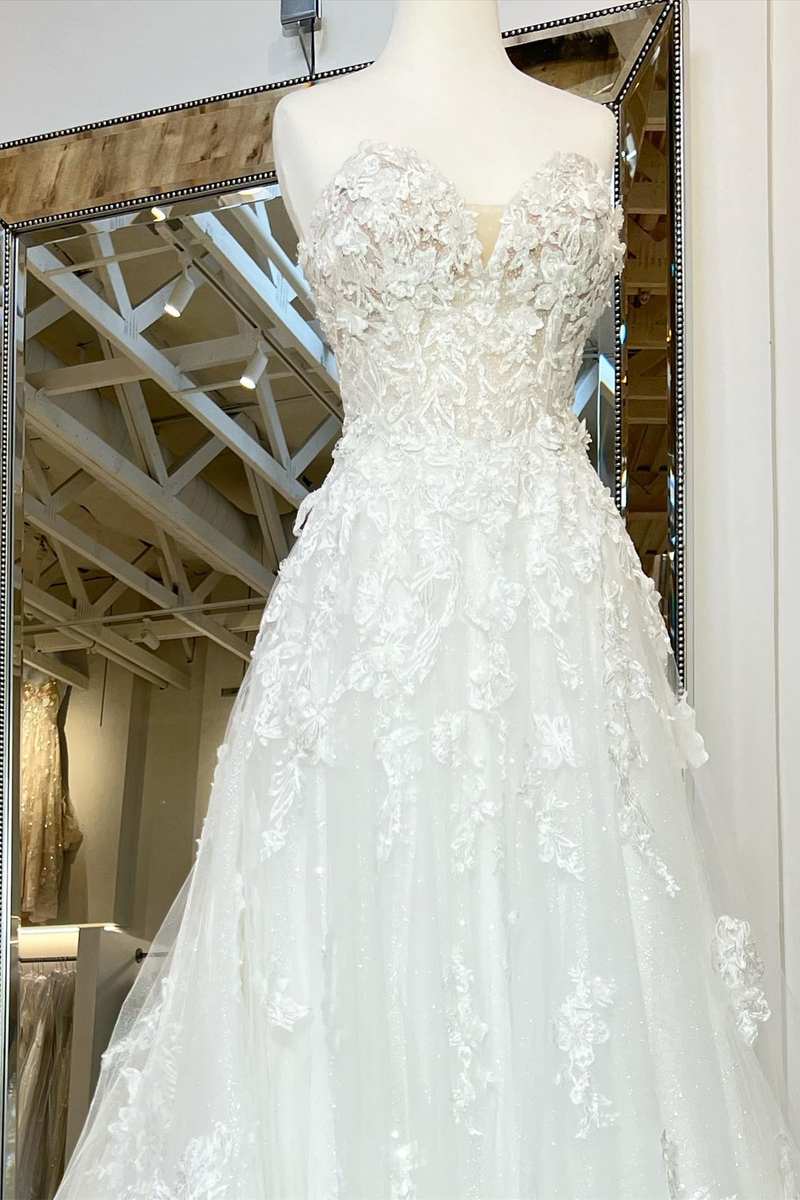 Back view of the A-line bridal gown with intricate applique and a dramatic train.